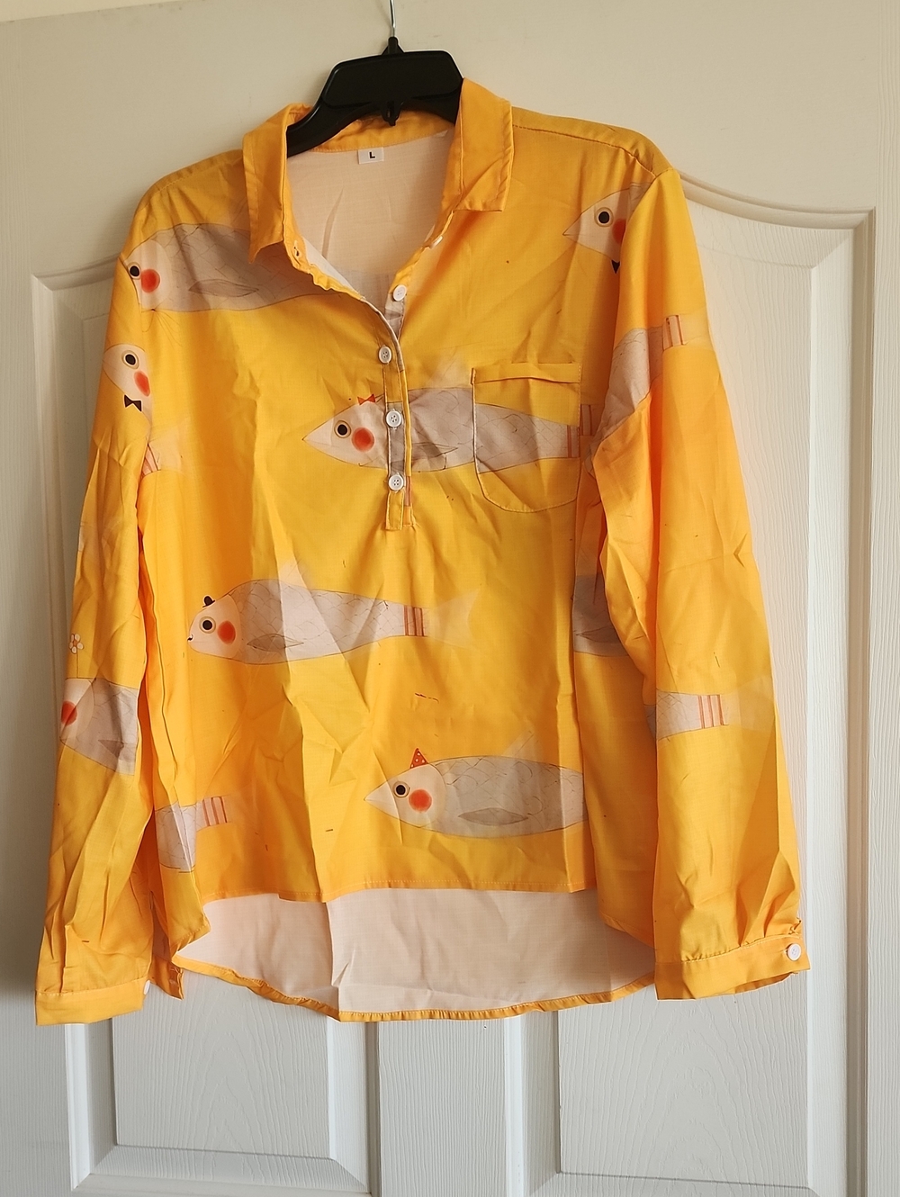 Yellow Fish Print Button-Up Blouse